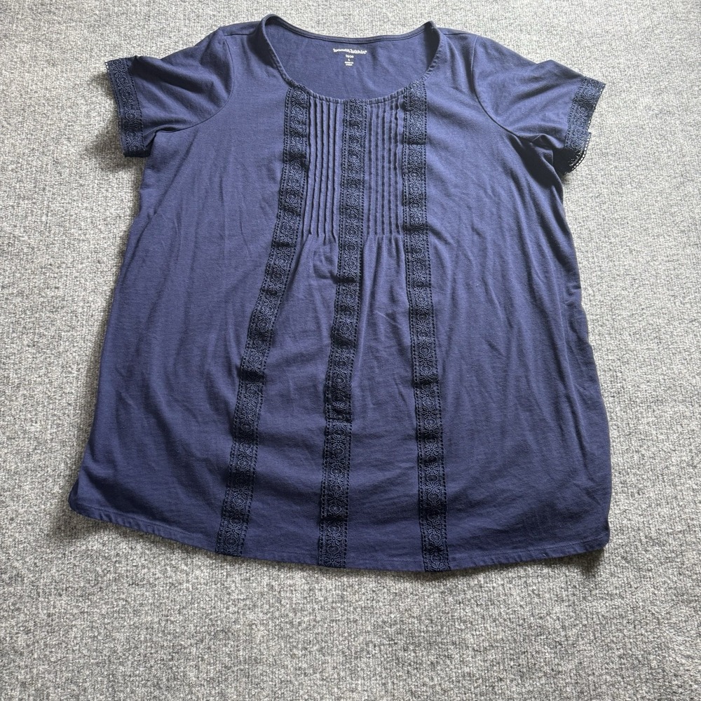 Woman Within Size L (18/20) Navy Blue Short Sleeve Lace Trim Pleated Top Blouse⁠